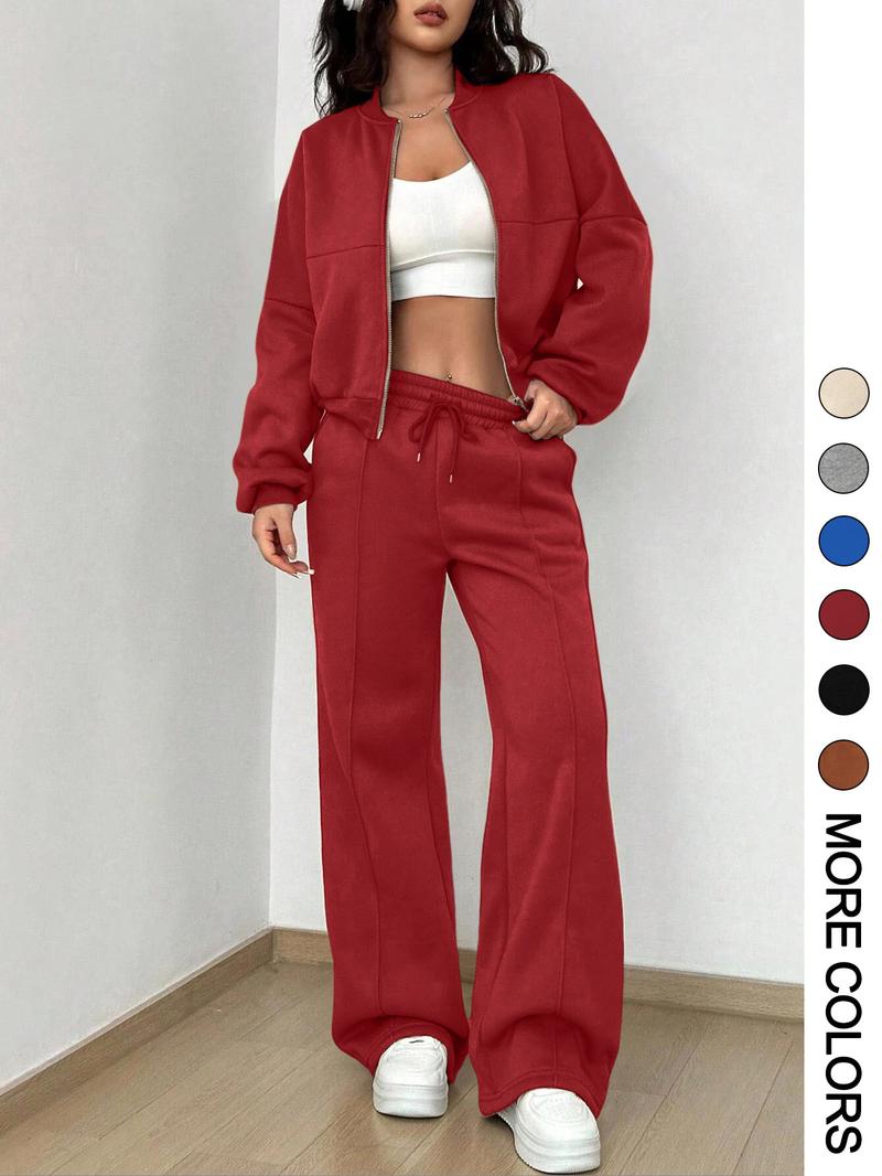 Women's Solid Zip Up Crop Jacket & Drawstring Waist Pants Two-piece Set, Casual Fashion Drop Shoulder Long Sleeve Top & High Waist Trousers for Daily Outdoor Wear, Women's Clothing for Spring & Fall