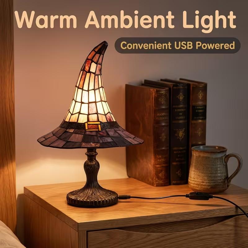 Handmade Colored Glass Witch Hat Lamp Ornament - Usb-Powered Gothic Witch Hat Lamp, Vintage Resin Decorative Light with Purple Amber Mosaic, Suitable for Halloween And Year Round Bedroom, Bookshelf, And Home Decoration