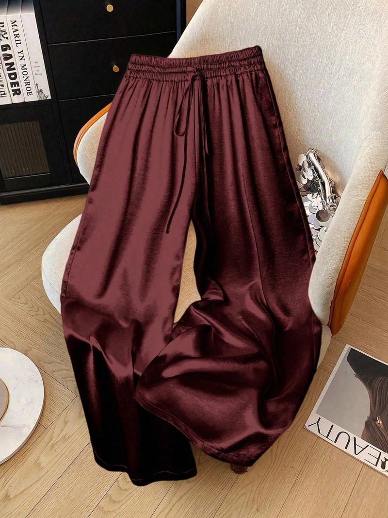 Women's Glitter Satin Wide Leg Pants, Casual Loose Fit Elastic Waist Drawstring Pockets, All Seasons Fashion for Home Vacation Party
