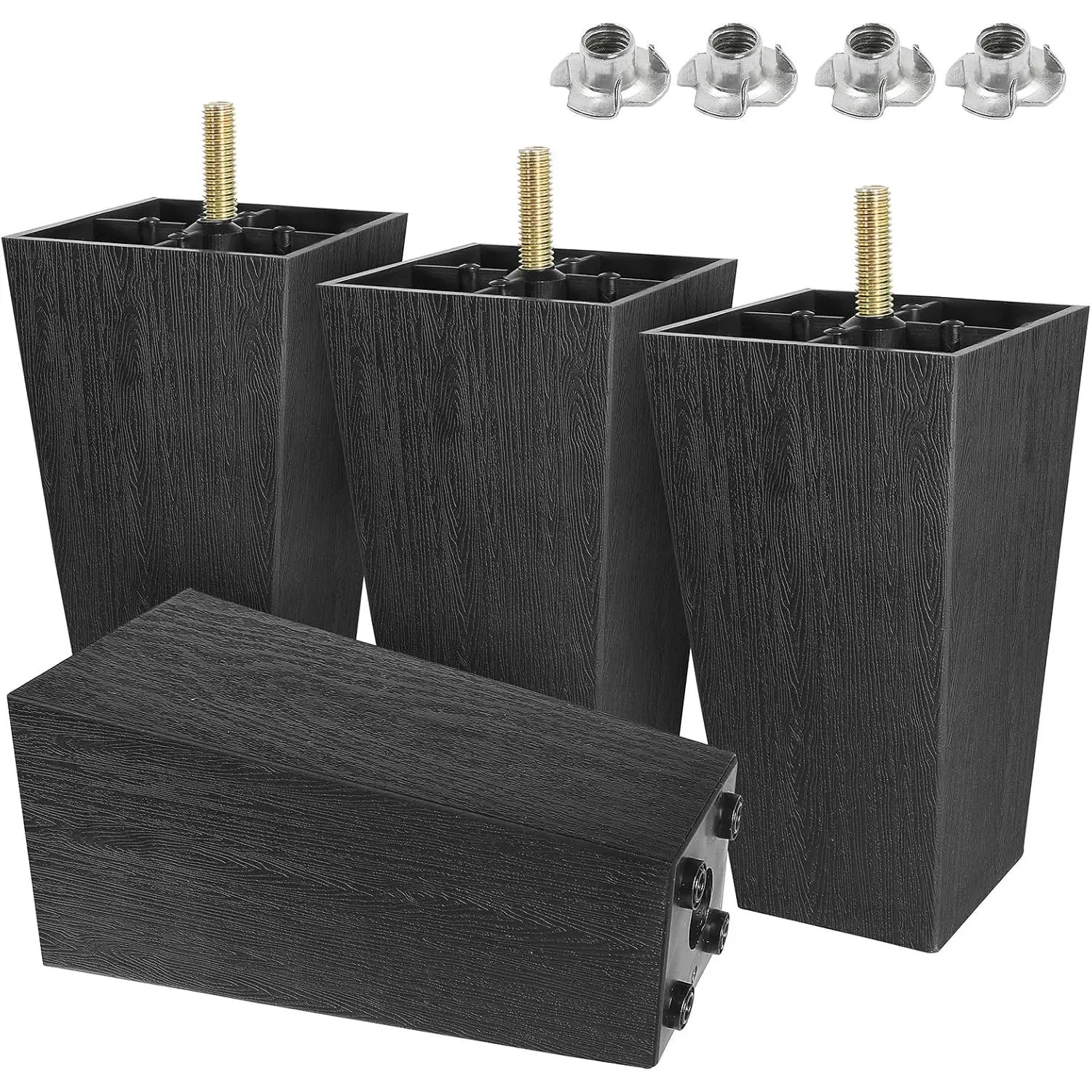 4pcs Plastic Square Legs 6" with T-Nuts, M8-1.25 Thread Bolt| Black Furniture Feet - Couch Feet Replacement - Sectional Sofa Legs - Please Check SIZE Before Purchasing