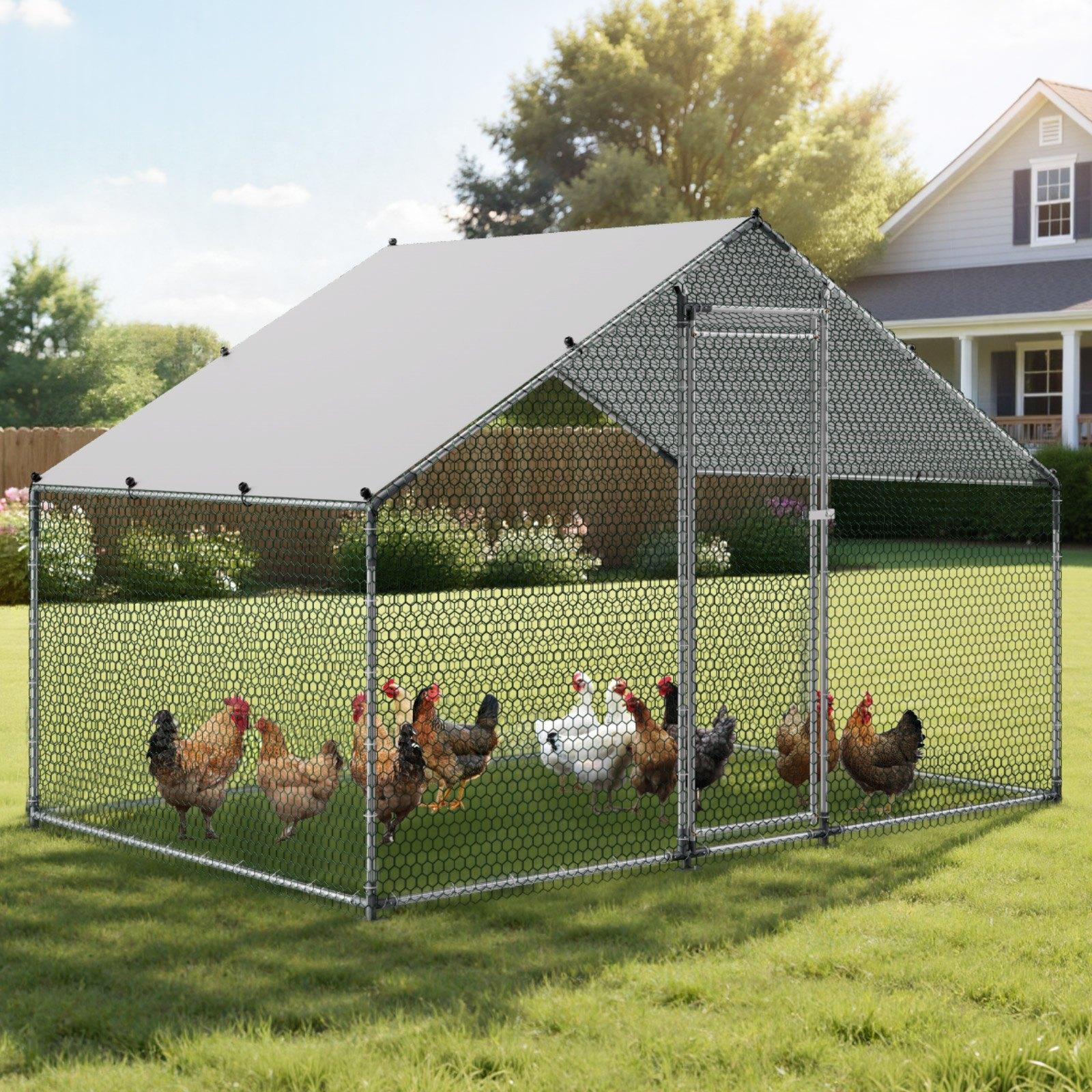 fathersdaygift  VEVOR Metal Chicken Coop, 9.8x6.5x6.5ft Large Walk-in Chicken Runs with Cover, Spire Roof Hen House Enclosure with Security Lock, Outdoor Duck Rabbit Cage Poultry Pen for Backyard, Farm, Yard