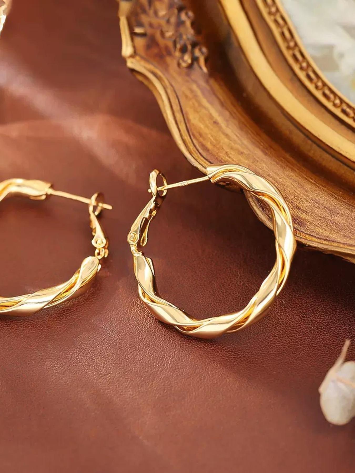 18k Gold Plated Twisted Large Circle Earrings, Luxury Vintage Simple Ring Ear Jewelry, Elegant Fashion Accessory for Women