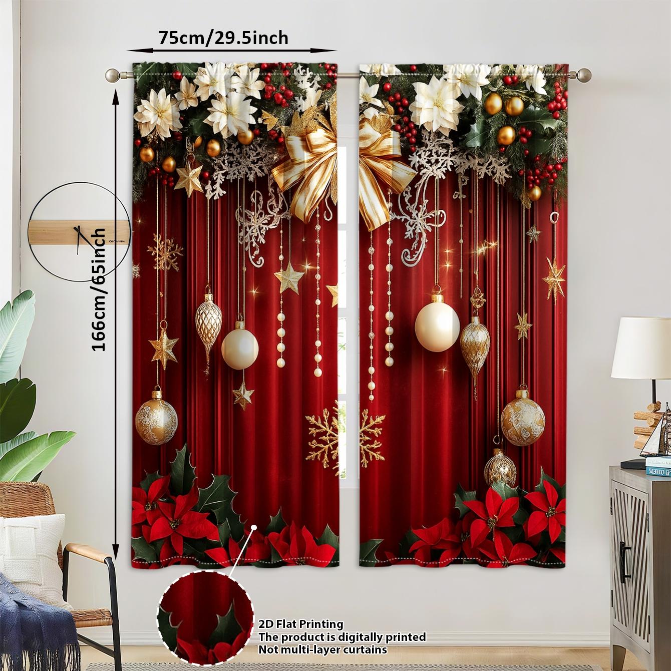 Christmas Theme Curtains Set, Window Curtain, Velvet Fabric with Gold Snowflakes & Colorful Balls, Festive Home Decor for Living Room Bedroom