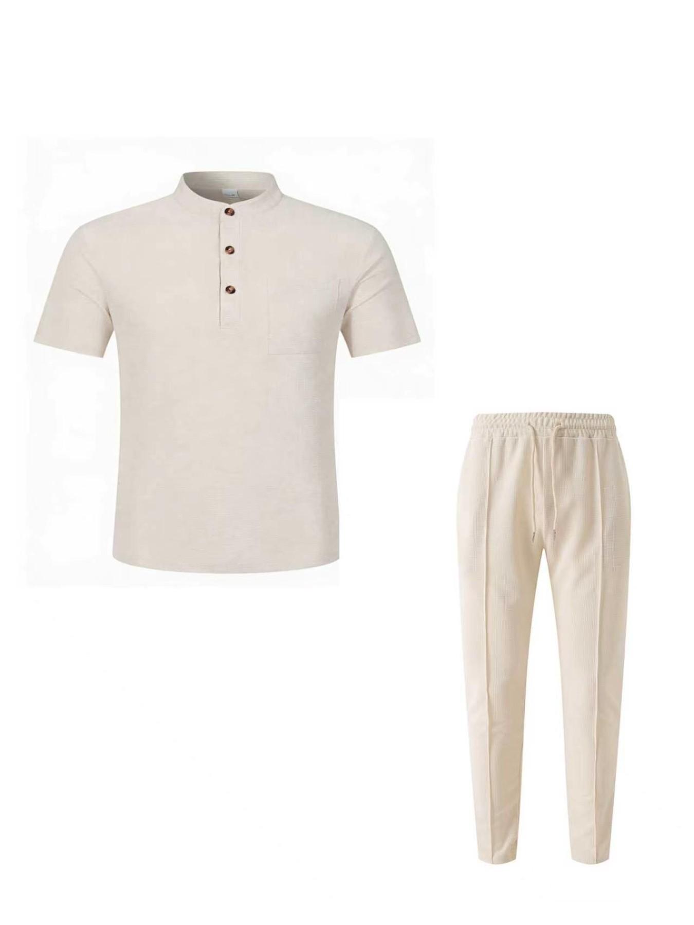 Men's Stand Collar Button Polo Set, Lightweight Textured Short Sleeve, Drawstring Sport Long Pants Trouser, Youth Versatile Commute Two-Piece Set