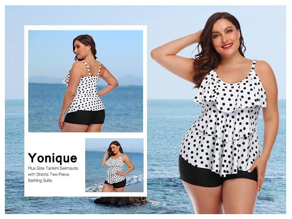 Yonique Women's Plus Size Tankini Swimsuits with Shorts Two Piece Bathing Suits Ruffle Swimsuits Tummy Control Swimwear