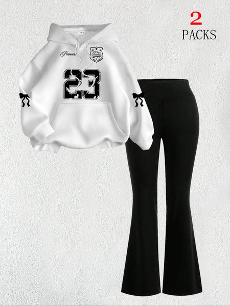 【FREE PERSOMALITY】Women's Warm Sweatshirt Set + Slim Fit Flare Pants, Casual Butterfly Print, Kangaroo Pocket, Fall & Winter