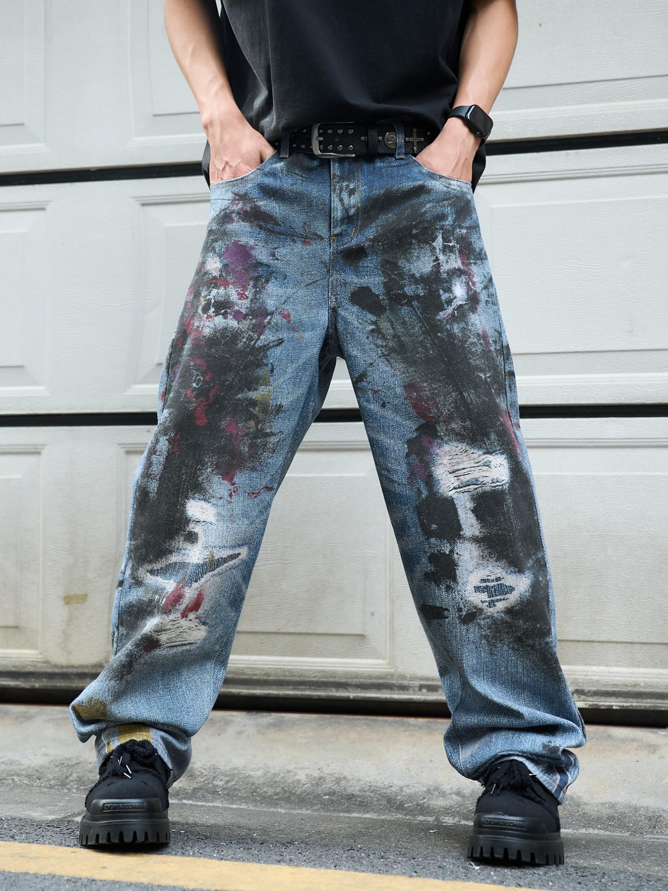 Men's 3D Printed Jeans Y2K Graffiti Denim Jeans, Loose Fit Wide Leg Vintage Washed Jeans, All Seasons Streetwear