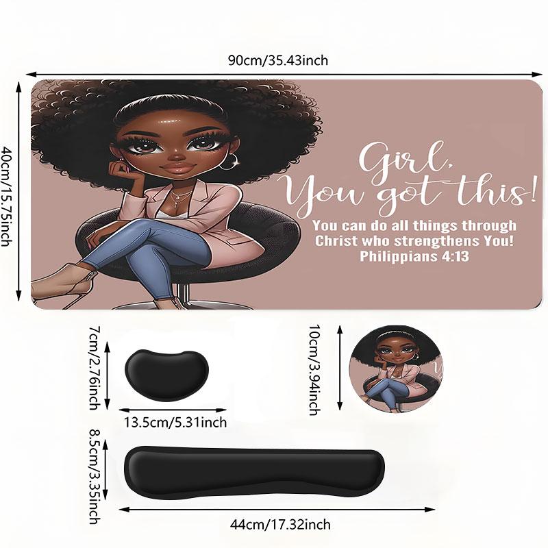 4pcs Inspirational Quote "Girl You Got This "Design Mouse Pad + Keyboard Wrist Rest + Ergonomic Mouse Pad + Coaster Set For Desktop Decoration, Office Accessories Set Ergonomic Wrist Support, Computer Mat Mouse Pad Coaster Suitable For Home Office Gaming