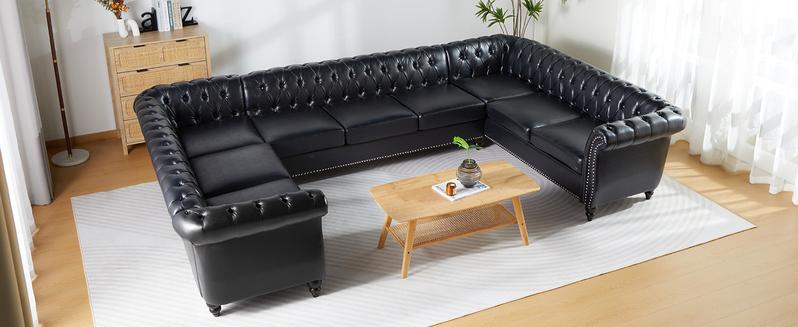 Giratree Furniture U Shaped Large Sectional Sofa, Chesterfield Leather Faux Couch Tufted Accent Sofa with Scroll Arms and Nailhead for Living Room, Office