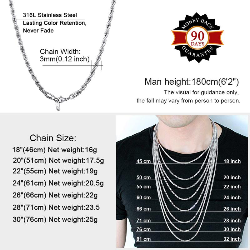PROSTEEL Rope Chain Necklace Stainless Steel Chain Necklaces Length 18-30 Inches Width 3mm/6mm Necklaces For Men Women with Gift Box