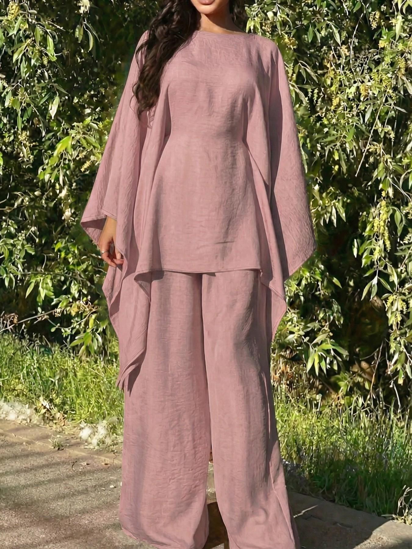 Women's Loose Two-Piece Set, Minimalist Long Hoodie Top + Wide Leg Pants, Casual Natural Style for Spring & Fall Seasons