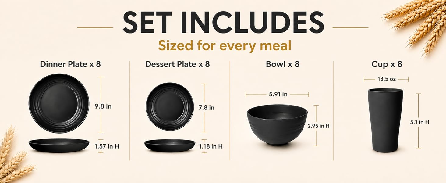 32-Piece Kitchen Plastic Wheat Straw Dinnerware Set, Service for 8, Unbreakable Modern Dish Set - Dinner Plate/Dessert Plate/Cereal Bowl/Cup, for Apartment Essentials, Outdoor Camping, Black