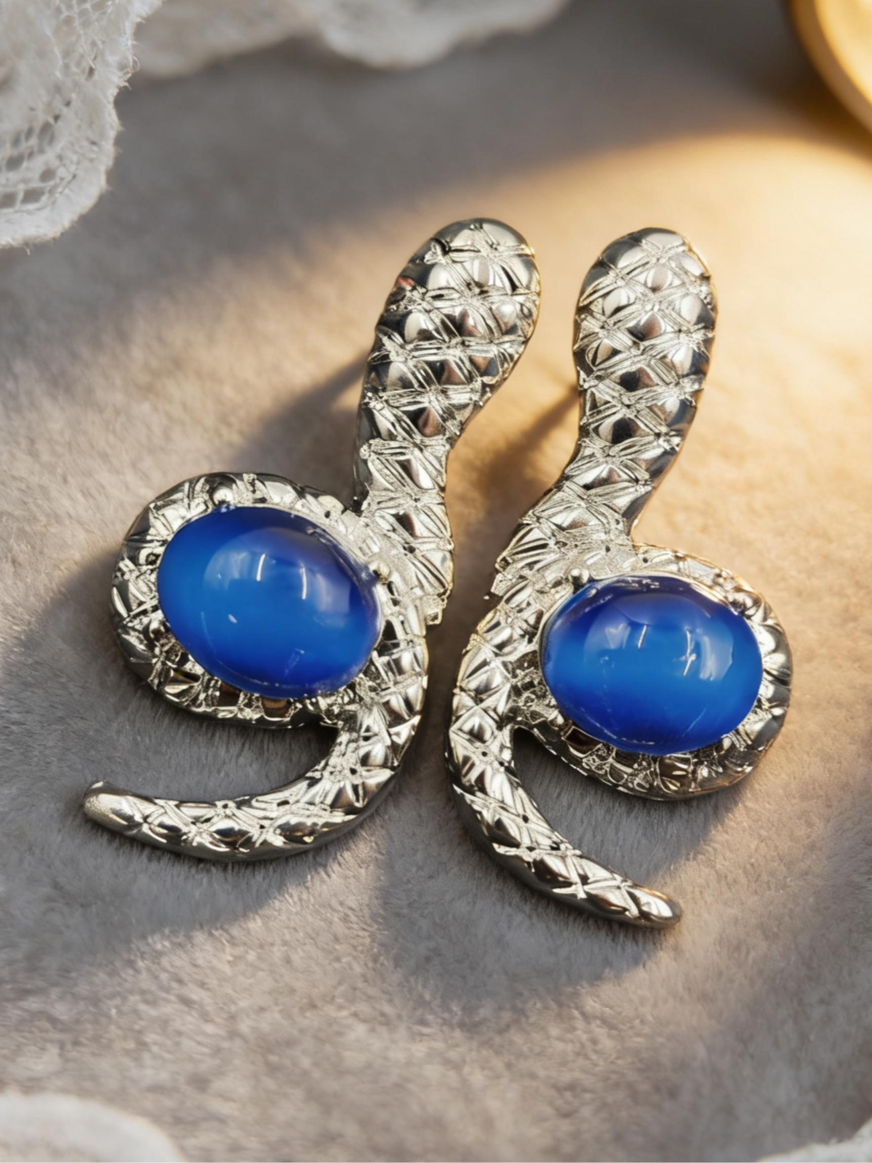 Vintage Snake Shape Blue Agate Stud Earrings, Unique Design High-End Jewelry, Luxurious Snake Pattern Gemstone Ear Rings