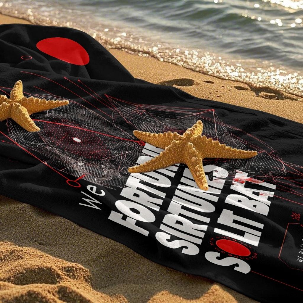 Black background with red geometric patterns and white text; beach towel/beach towel multi-functional use. Absorbent towel