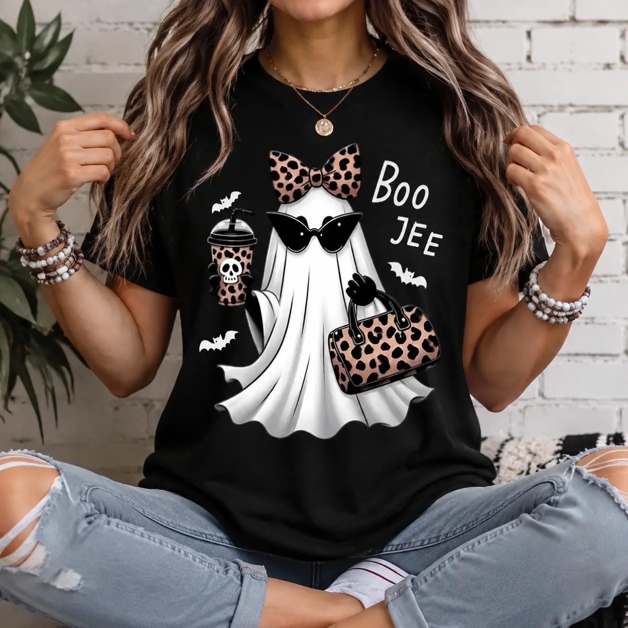 Boo Jee Leopard Ghost Shirt, Funny Fall Halloween Tee, Girly Ghost Coffee Graphic T-Shirt, Halloween Gift For Women