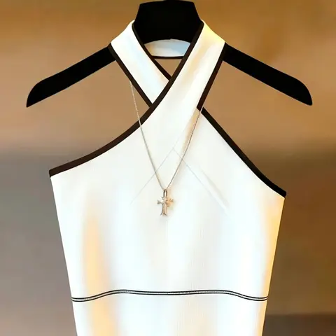 Women's New Fashion Simple Colorblock Cross Design Halter Knit Slim Short Sleeveless Modern Tank Top, Camisole Tank Top, Cropped Tank Tops, Stylish Casual Summer Wear, Perfect for Daily, Fitted, Womenswear