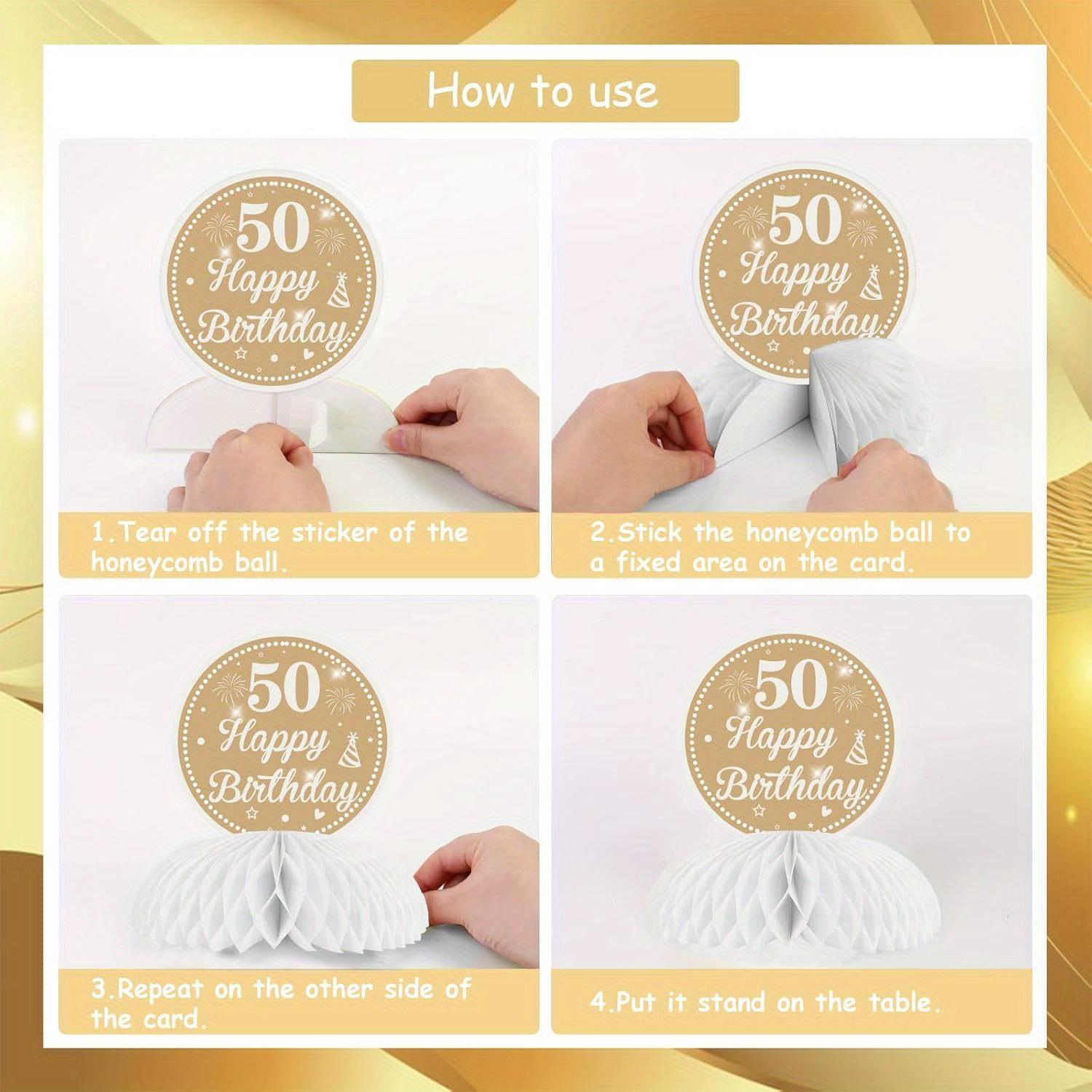 8 Pieces Boho 50th Birthday Honeycomb Centerpieces  White and Gold 50th Birthday Decorations for Women Men White Beige Fifty Birthday Table Toppers Party Supplies