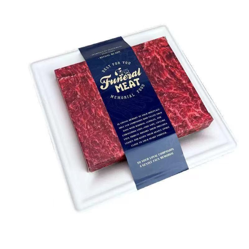 Realistic paper food offerings for pet memorial cremations, featuring beef and salmon; a combustible imitation sushi set suitable for pet funerals and as keepsakes for dogs, cats, small pets, rabbits, and hamsters