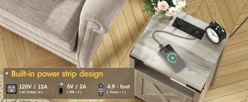 Vabches Nightstands Set of 2, Farmhouse End Tables with Charging Station, Bedside Tables with Barn Door and Shelf, Rustic Living Room Bedroom Side Table