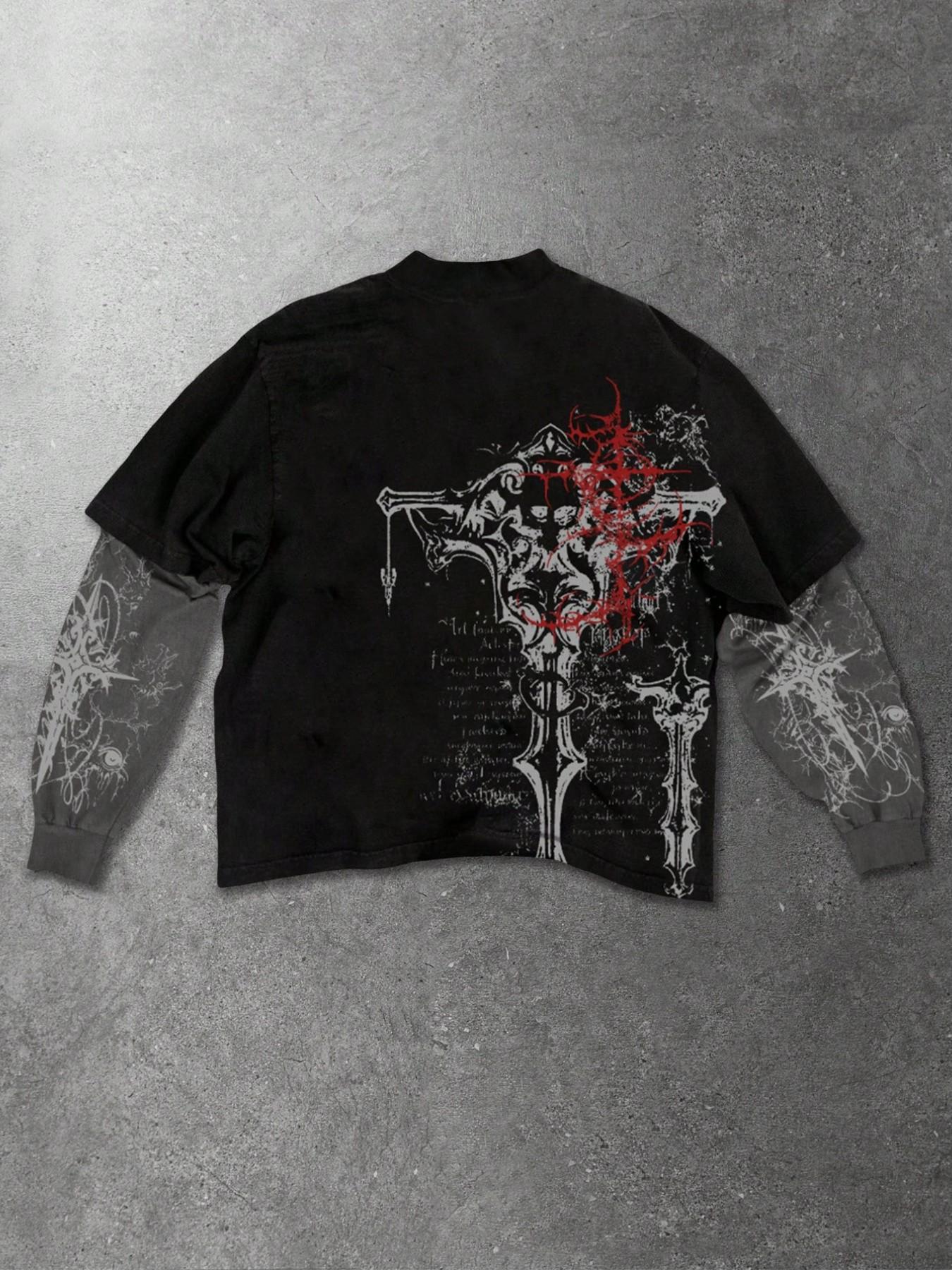 Unisex Gothic Style Long Sleeve T-Shirt with Rune and Cross Print, Ideal for Streetwear and Hip Hop Culture, Perfect Couple