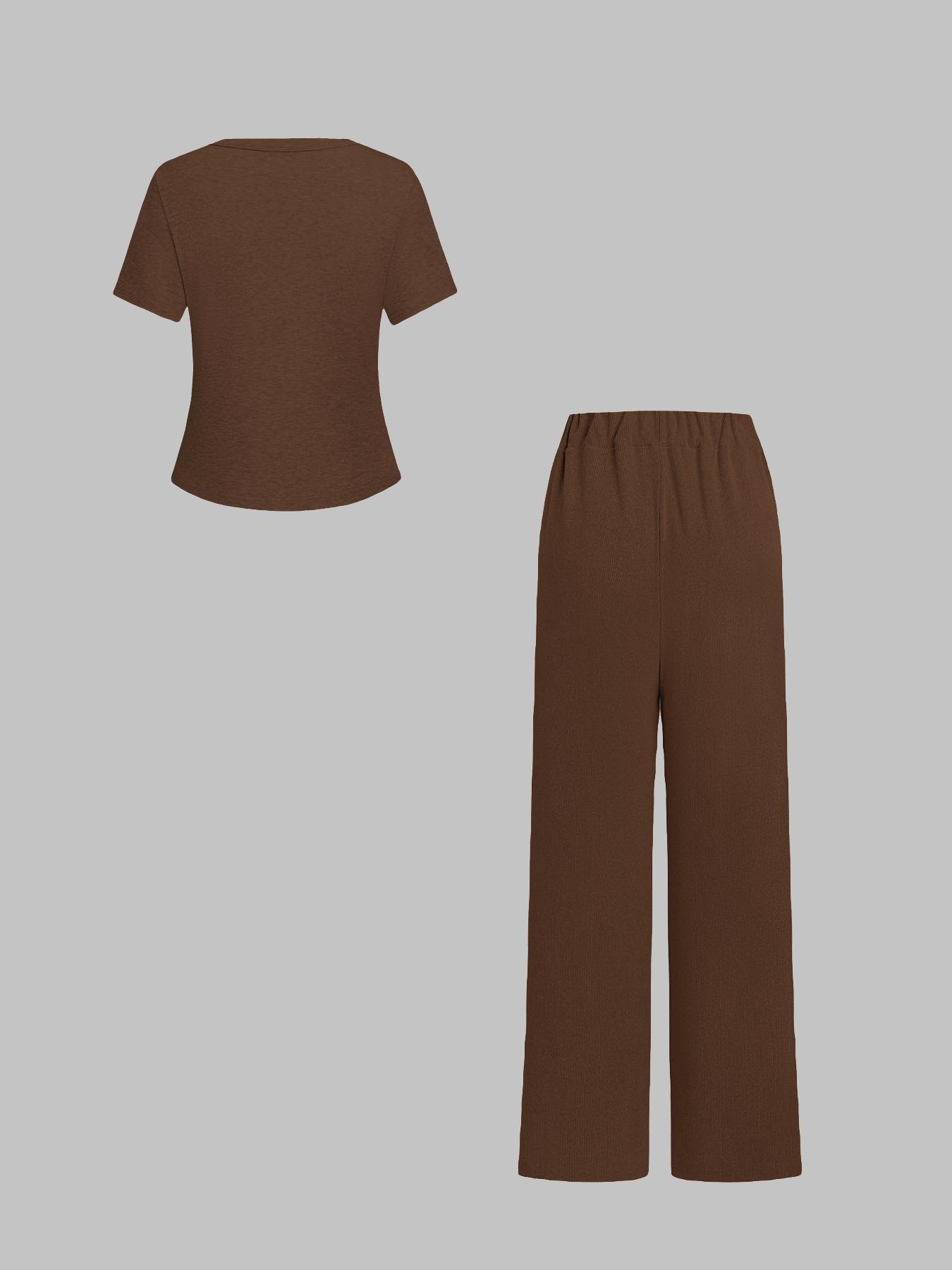 Two-piece Set Women's Solid Color Top & Wide Leg Pants, Casual Basic Comfy Round Neck Top & Trousers for Daily Wear, Ladies Two-piece Outfits for All Seasons, Clothes,Airport Outfit