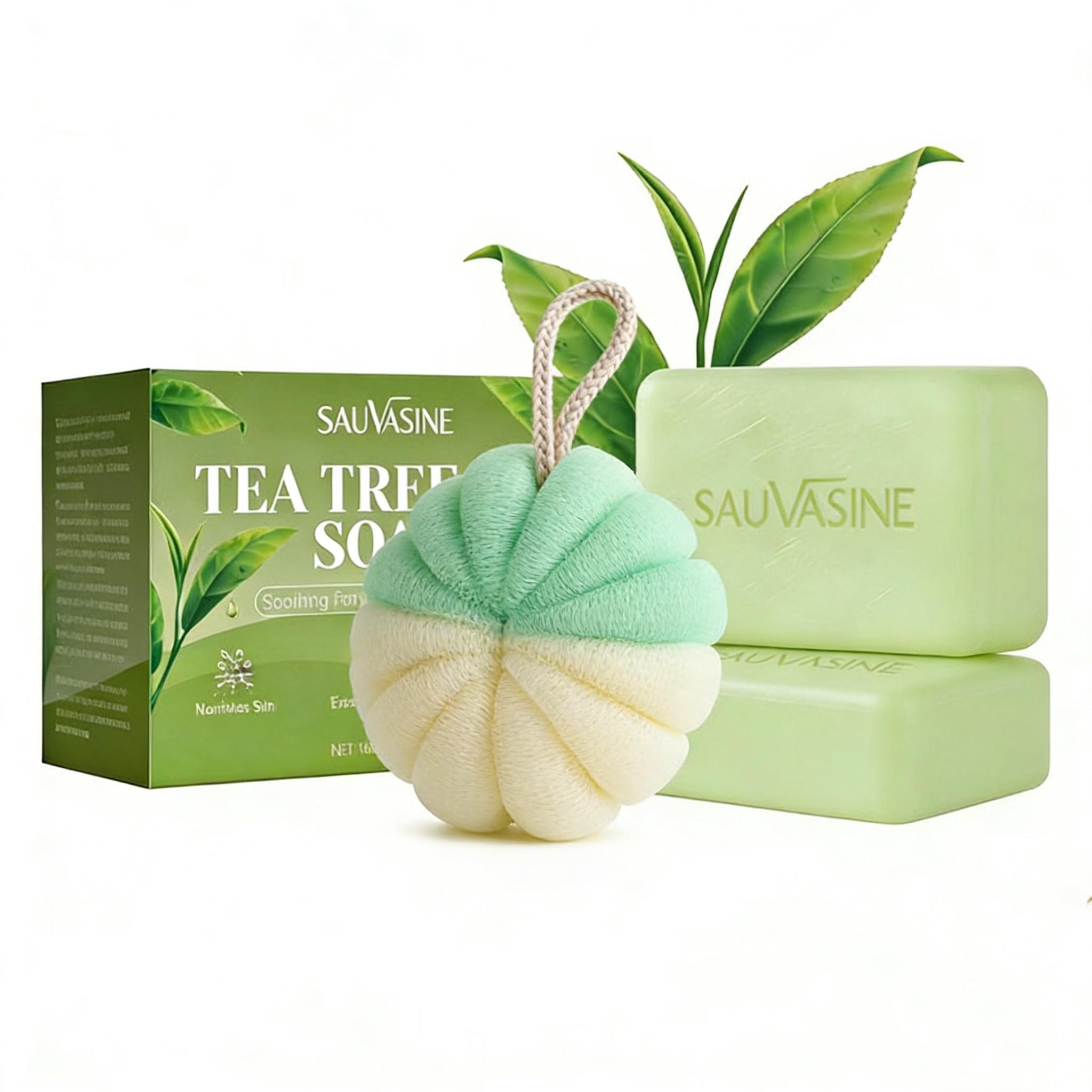 2PCS Tea Tree Leaf Soaps + Bath Sponge Set Tea Tree Soap Bar for Face & Body, Antifungal Soap with Tea Tree Oil, Antibacterial Bar Soap for Fungus, Ringworm, Acne