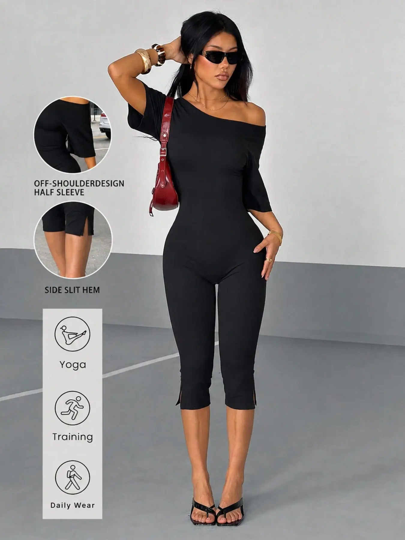 European and American Style Asymmetrical Shoulder Bodysuit, Pure Desire Slimming Seven-Quarter Bodysuit, Trendy and Fashionable