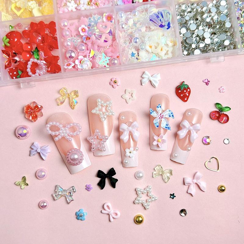 1Box Dopamine Colored Resin Flower Bow Nail Charms Semi-circular Rhinestones Pearl Mini Shell Feather Flakes Mixed Nail Decor DIY Elegant Rhinestone Decorated