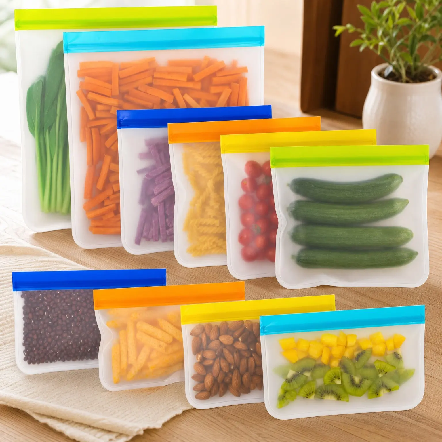 Reusable Food Storage Bags 10 Pack - Extra Thick Leakproof Silicone Freezer Bags for Salad, Fruit, Snack & Travel - 2 Gallon, 4 Sandwich, 4 Snack Bags