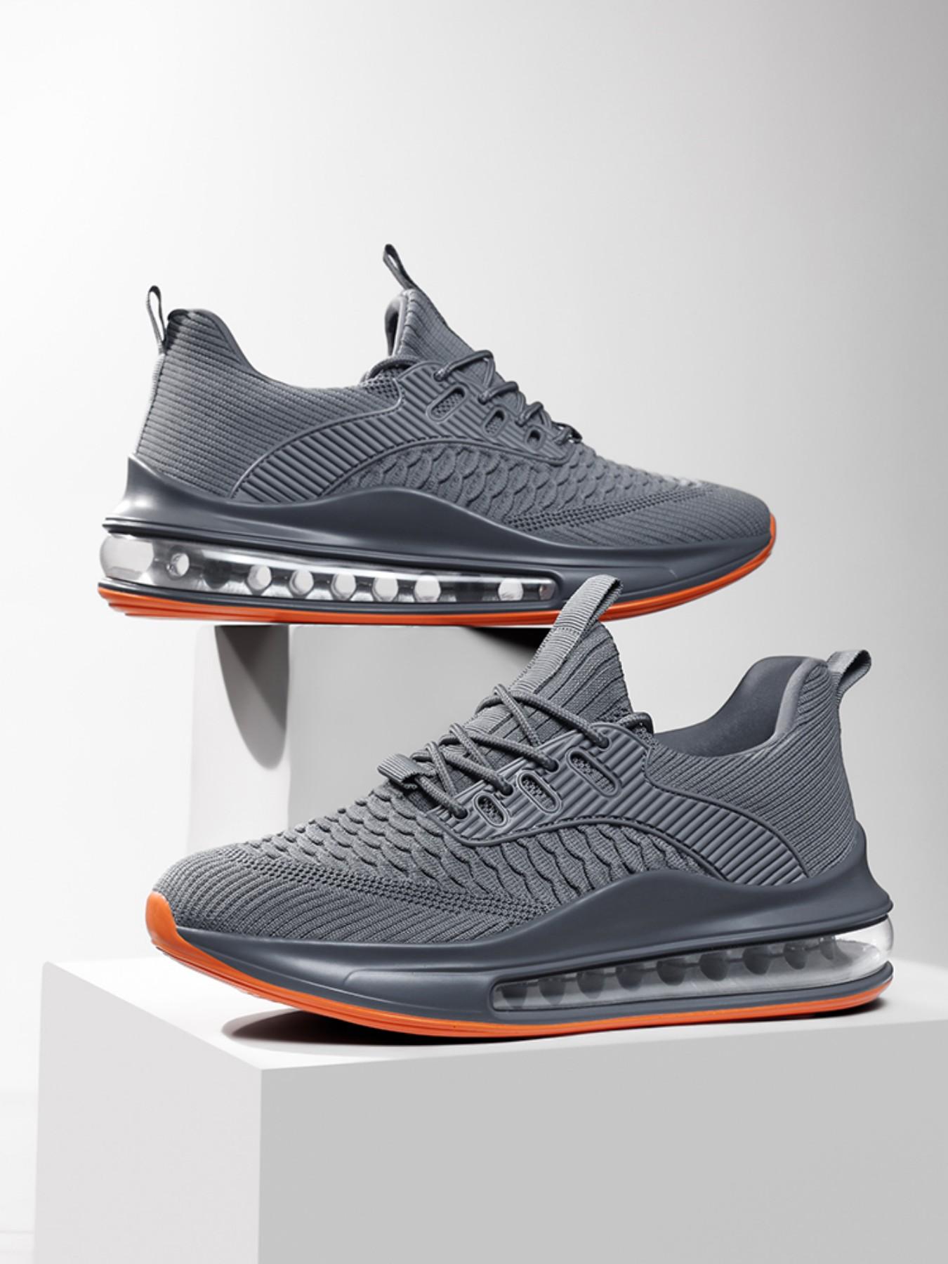 New Fish Scale Full Sole Air Cushion Running Shoes, Men's Flyknit Breathable Sport Shoes, Thick Sole Shock Absorption Casual Shoes