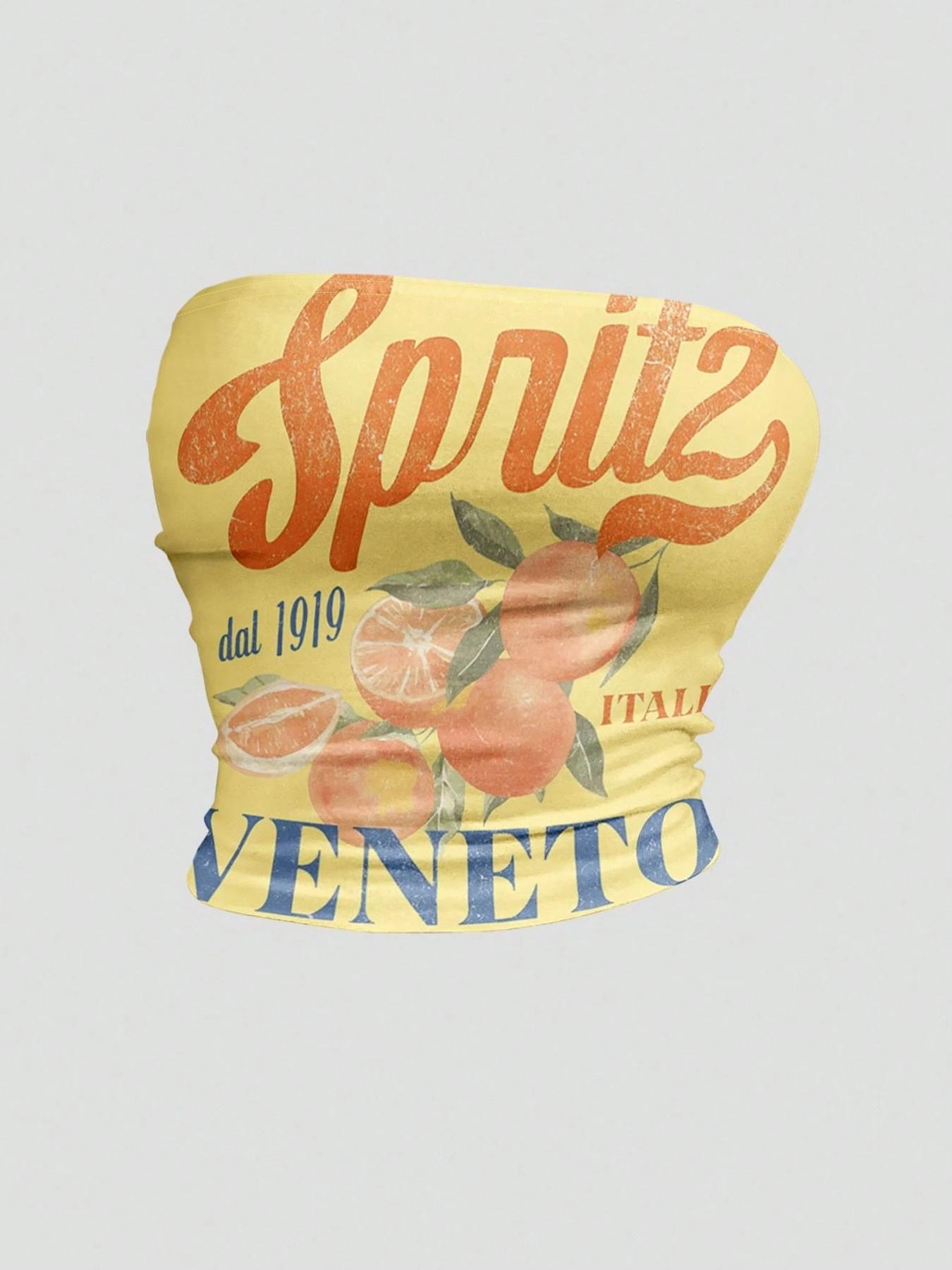 1 Piece Women's Spritz Orange Print Strapless Tube Top - Retro Y2K Crop Bandeau Top for Vacation & Music Festivals | Trendy Baddie Aesthetic