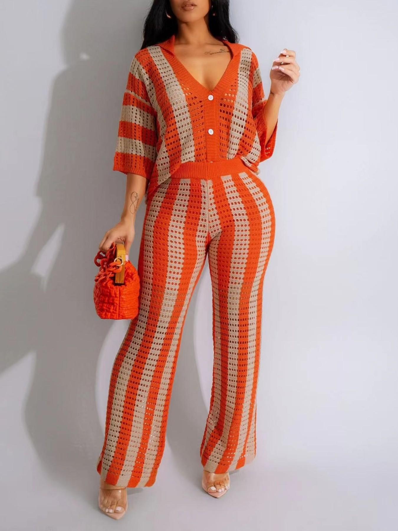 Two-Piece Set Women's Colorblock Striped Print Hollow Out Button Front Top & Wide Leg Pants, Casual Drop Shoulder Collared Top & High Waist Pants for Spring & Summer, Women 2 Piece Outfit, Summer Beachwear Set for Women, Vacation Outfit, Clothing Sets Two-Piece Set Women's Colorblock Striped Print Hollow Out Button Front Top & Wide Leg Pants, Casual Drop Shoulder Collared Top & High Waist Pants for Spring & Summer, Women 2 Piece Outfit, Summer Beachwear Set for Women, Vacation Outfit, Clothing Sets