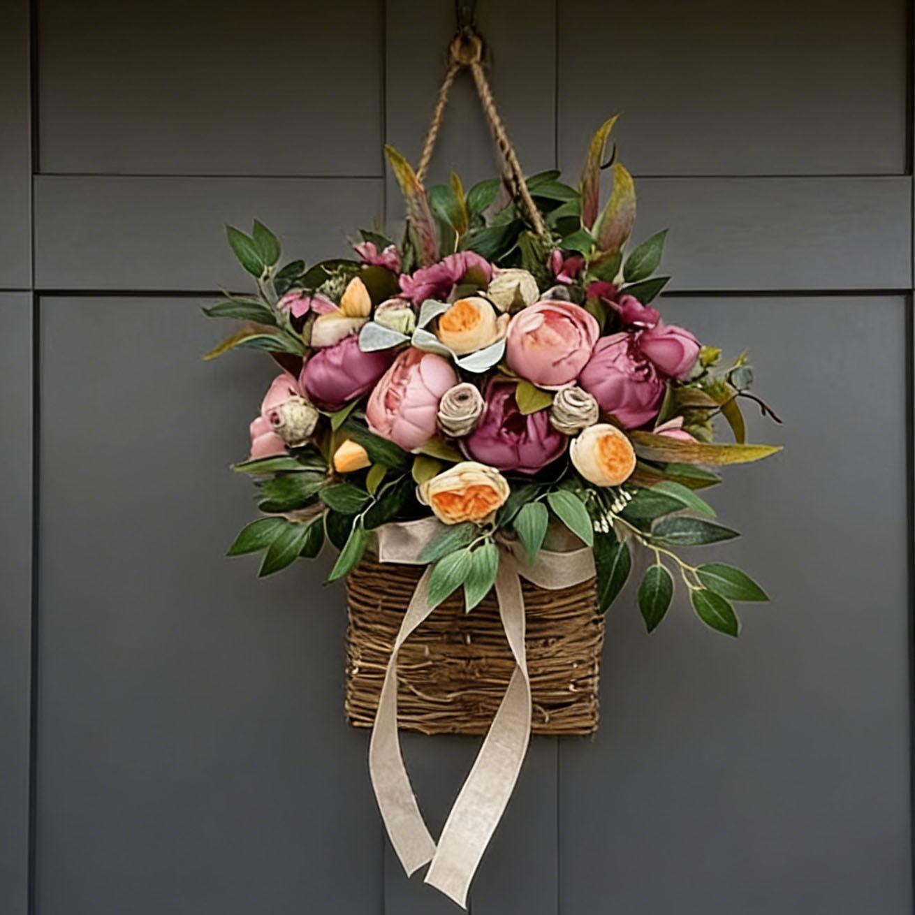 Peony Flower Door Basket Wreath, Spring Summer Wall Hanging Decor, Includes Hydrangea, Plastic Wreath for Front Door, Mother's Day, Daily Decor