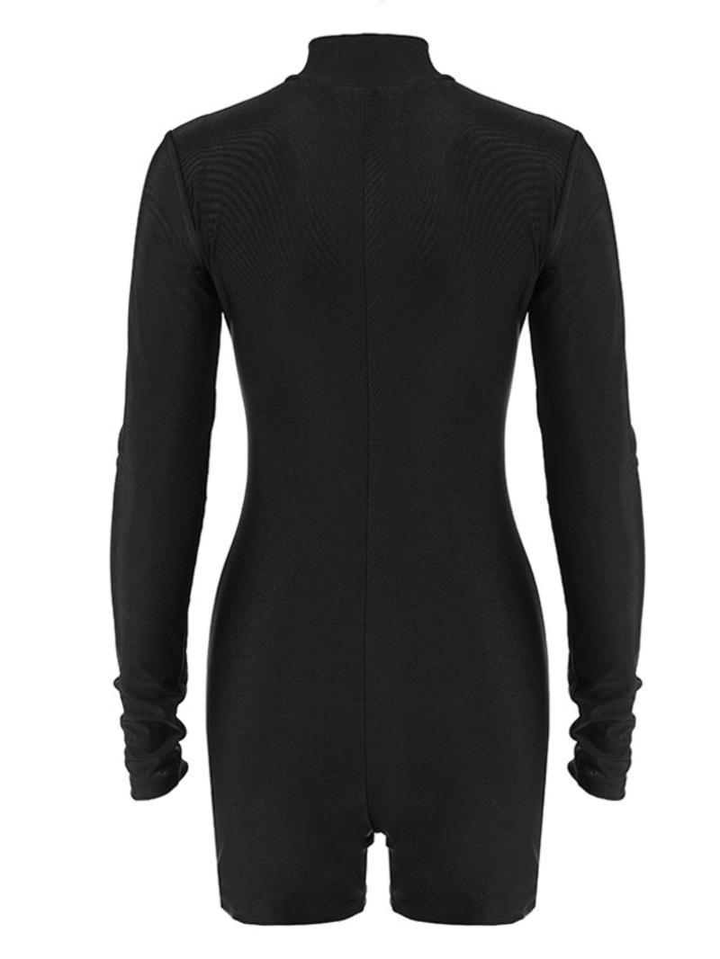 Women's Solid Zip Up Mock Neck Bodycon Romper, Casual Long Sleeve Jumpsuit for Fall & Winter, Women's Clothes for Daily Wear