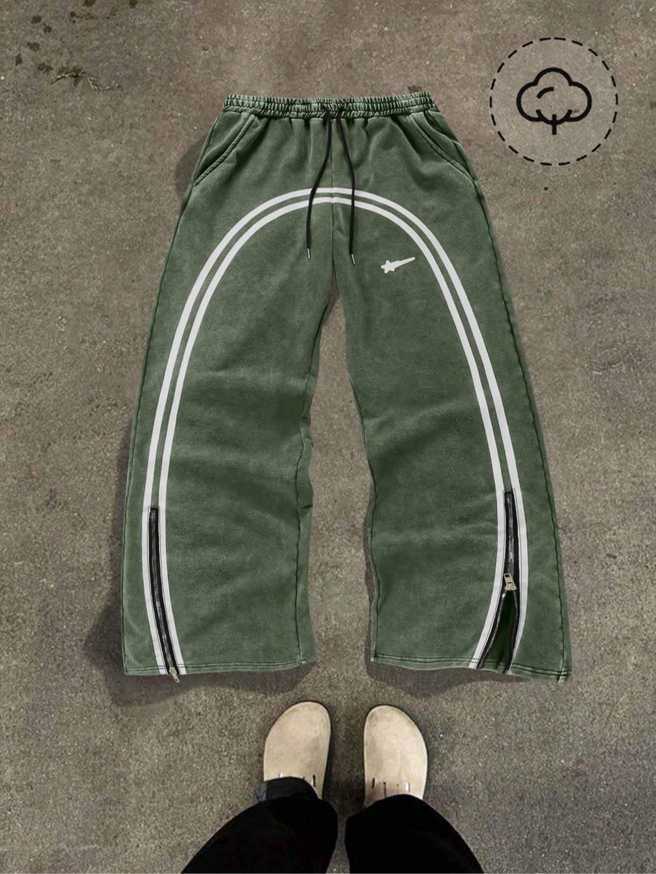 Men's Star & Striped Print Washed Distressed Drawstring Waist Sports Sweatpants, Regular Fit Casual Comfy Fashion Pocket & Zipper Design Pants for Fall & Winter, Sports Bottoms, Casual Athletic Pants, Athleisure Style Bottoms