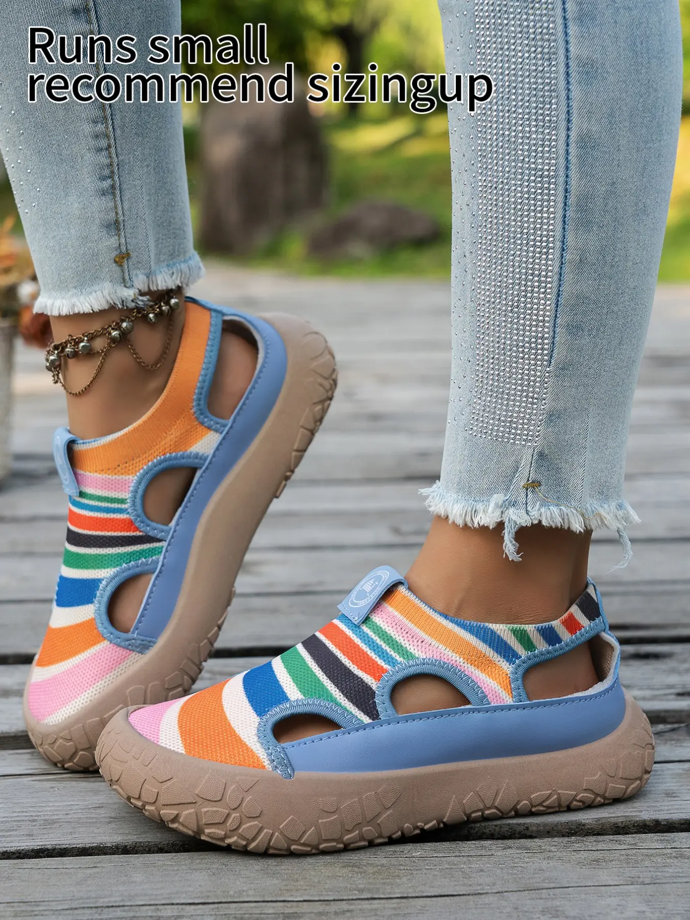 Women's Rainbow Striped Hollow Out Colorful Platform Sandals, Breathable Textile Flatform, Casual Round Toe, Anti-Slip Thick Sole, Summer Outdoor Beach Casual Shoes