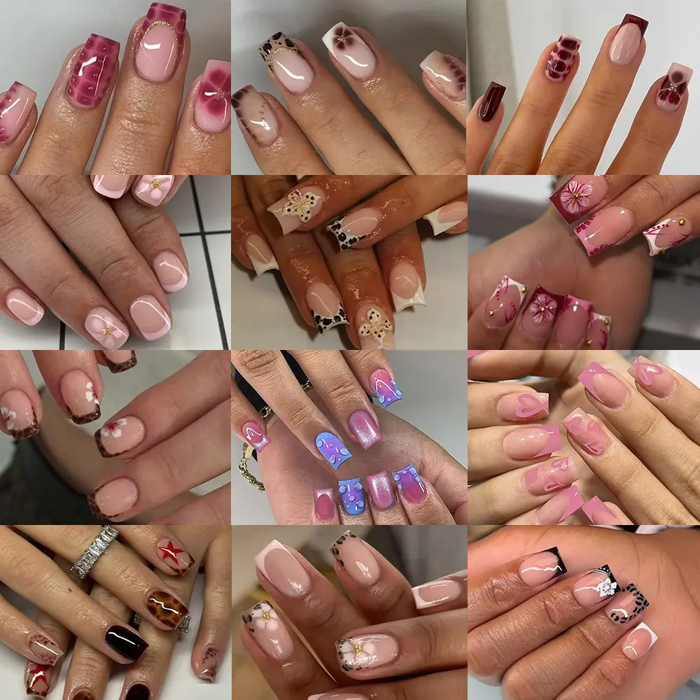 288pcs Short Square 3D Gel Nail Art Set, Mixed Colors, Easy Wear, Perfect for Summer, French Acrylic Press-On Nails, Women & Girls, Press On Sets