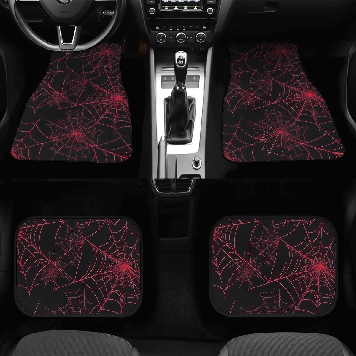 4-Piece Car Mat Set, Spider Web Print, Universal Fit for All Vehicles, Front & Rear Mats, Easy Clean, Protective Interior Decor