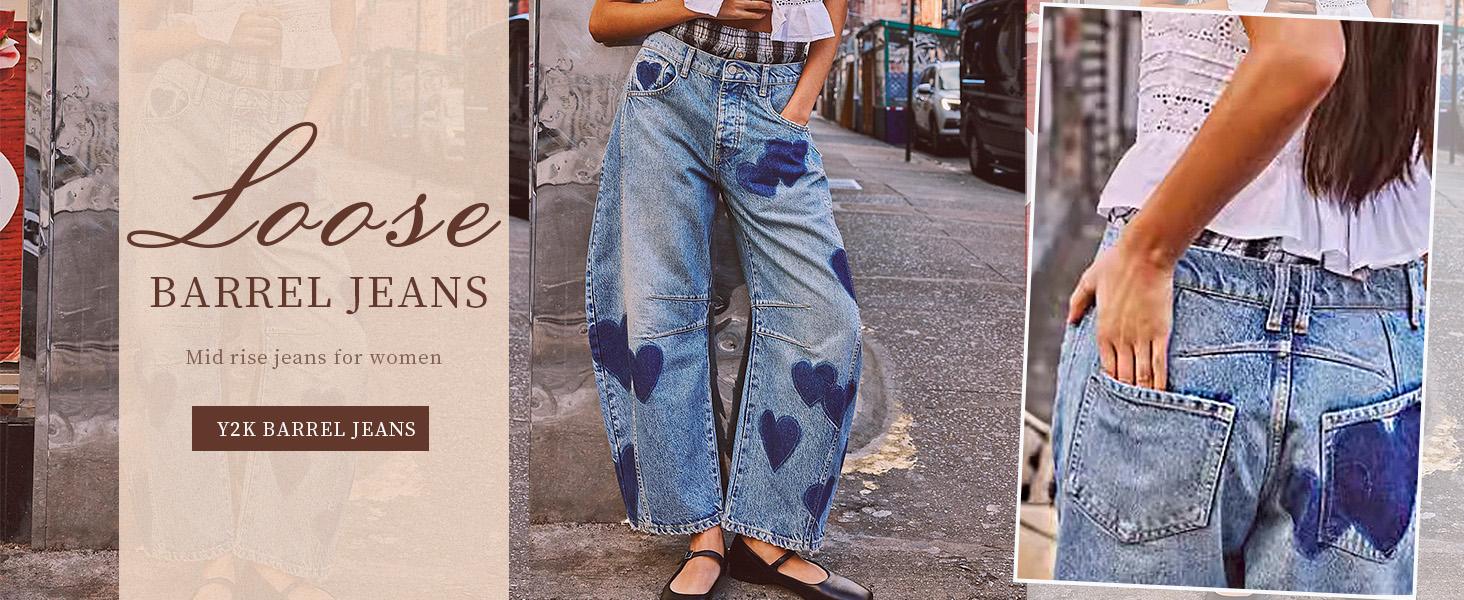 CHARTOU Y2k Barrel Jeans Women Wide Leg Baggy Distressed Printed Boyfriend Horseshoe Denim Pants Bottom Streetwear
