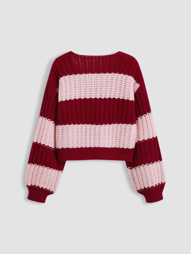 Women's Loose-Fit Striped Colorblock V Neck Sweater, Casual Long Sleeve Drop Shoulder Cardigan for Spring & Fall, Ladies Fashion Outerwear Knitwear