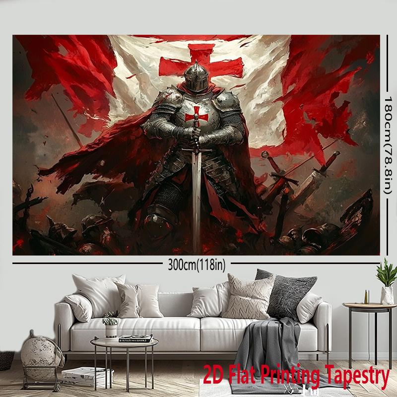 A 2D printed tapestry that is perfect for holiday party decoration. This polyester background fabric showcases medieval knight designs and Crusader patterns, suitable for hanging in various spaces such as homes.