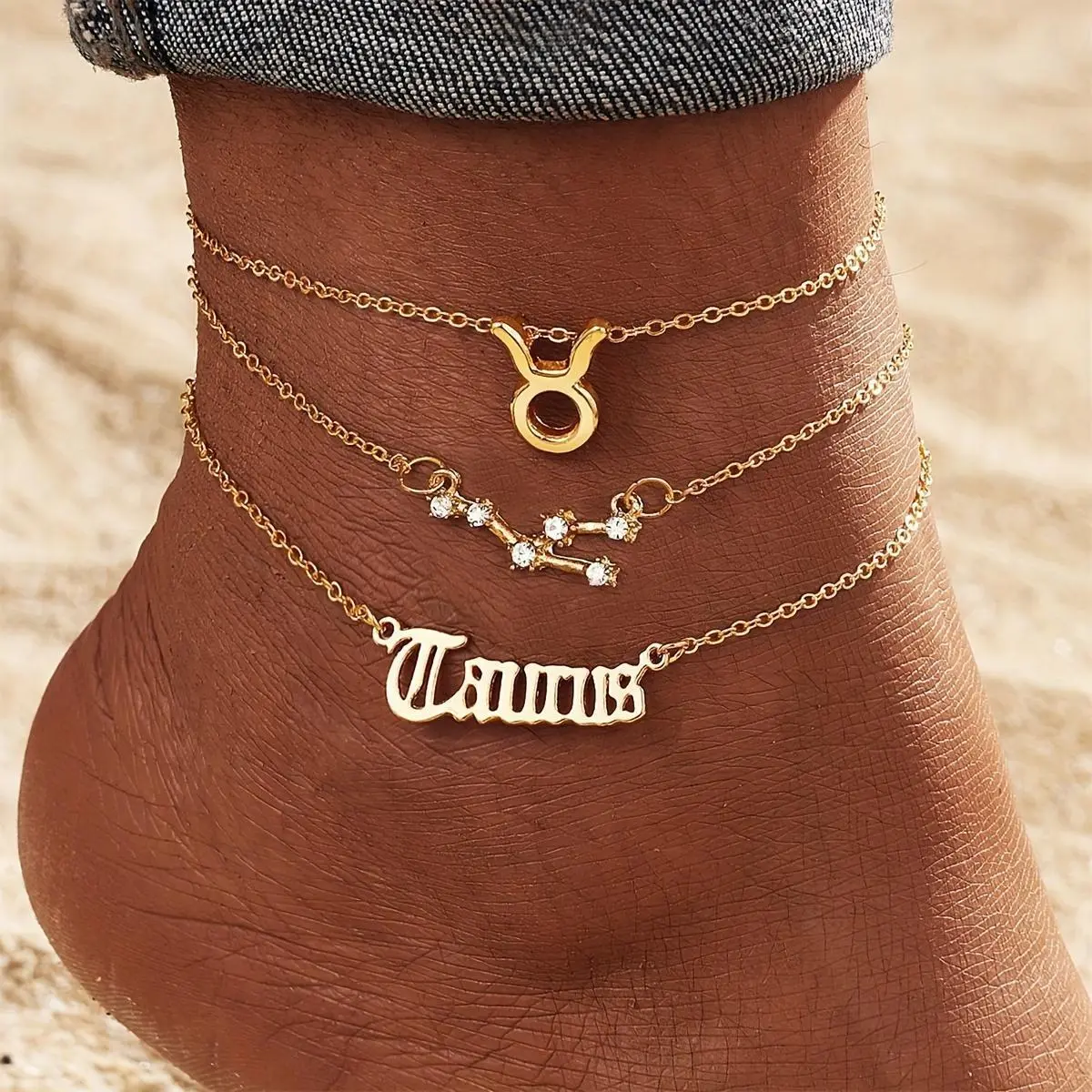 Unisex 3-Piece Fabric Constellation Anklet Set - European and American Trendy, Aries Zodiac Star Motif, Fashionable Jewelry Accessories, Casual Elegant Celestial Accessory