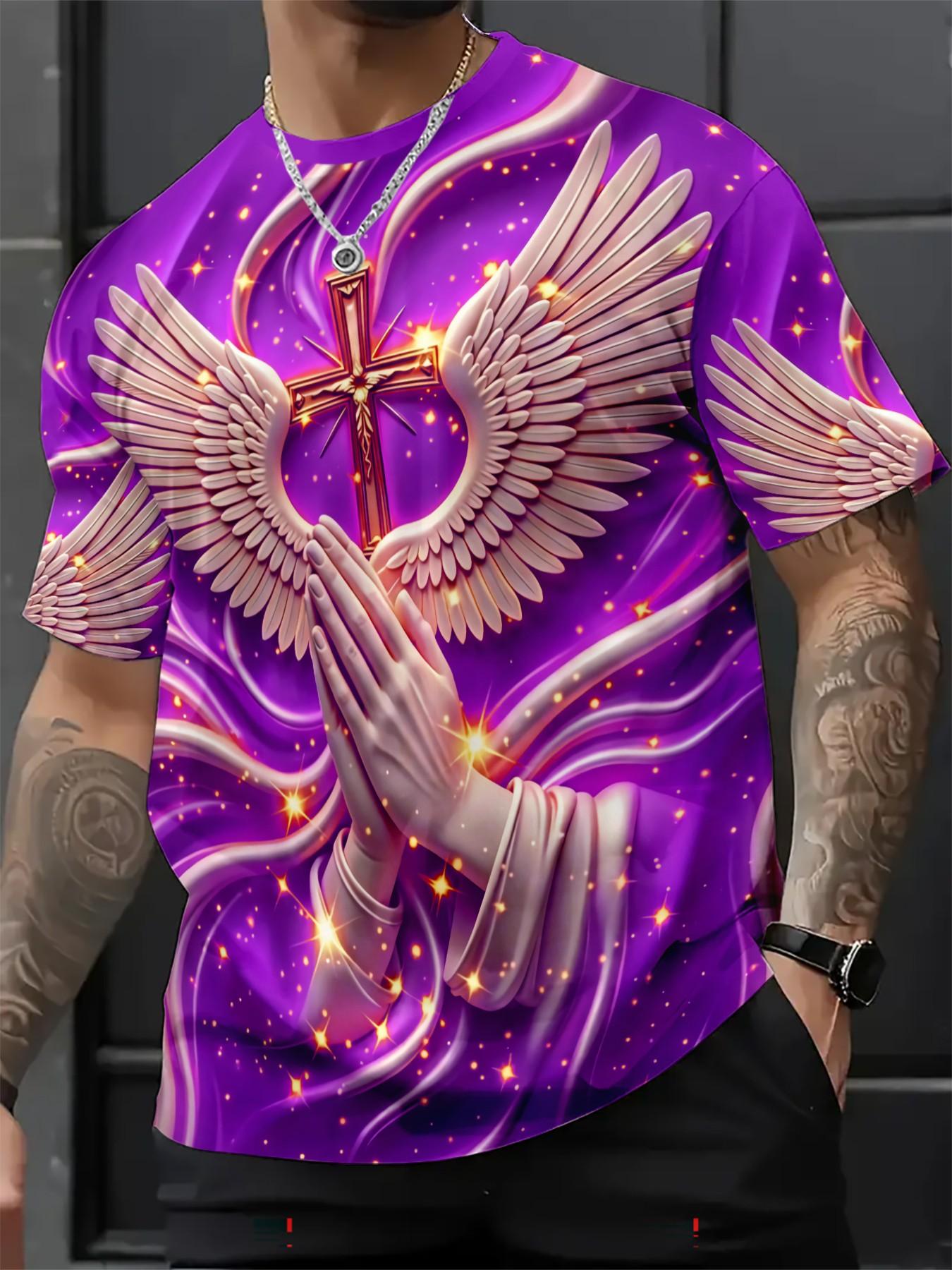 New Religious Prayer Hand Angel Wings Cross Print Men's Round Neck 3D High-Definition Short Sleeve, Sporty Slim-Fit Summer T-Shirt New Religious Prayer Hand Angel Wings Cross Print Men's Round Neck 3D High-Definition Short Sleeve, Sporty Slim-Fit Summer T-Shirt