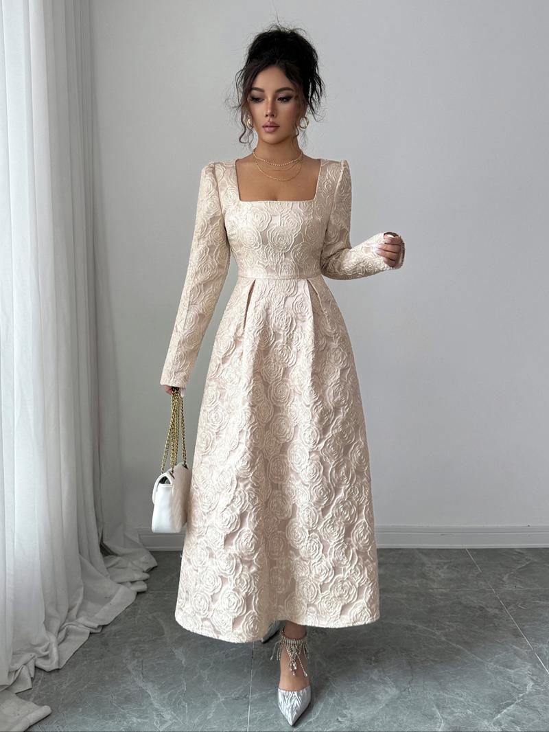 Elegante Vintage Rose Embroidered Square Neck Long Dress, Waist Cinched Skinny Party Date Night Gown, Women's Fashion
