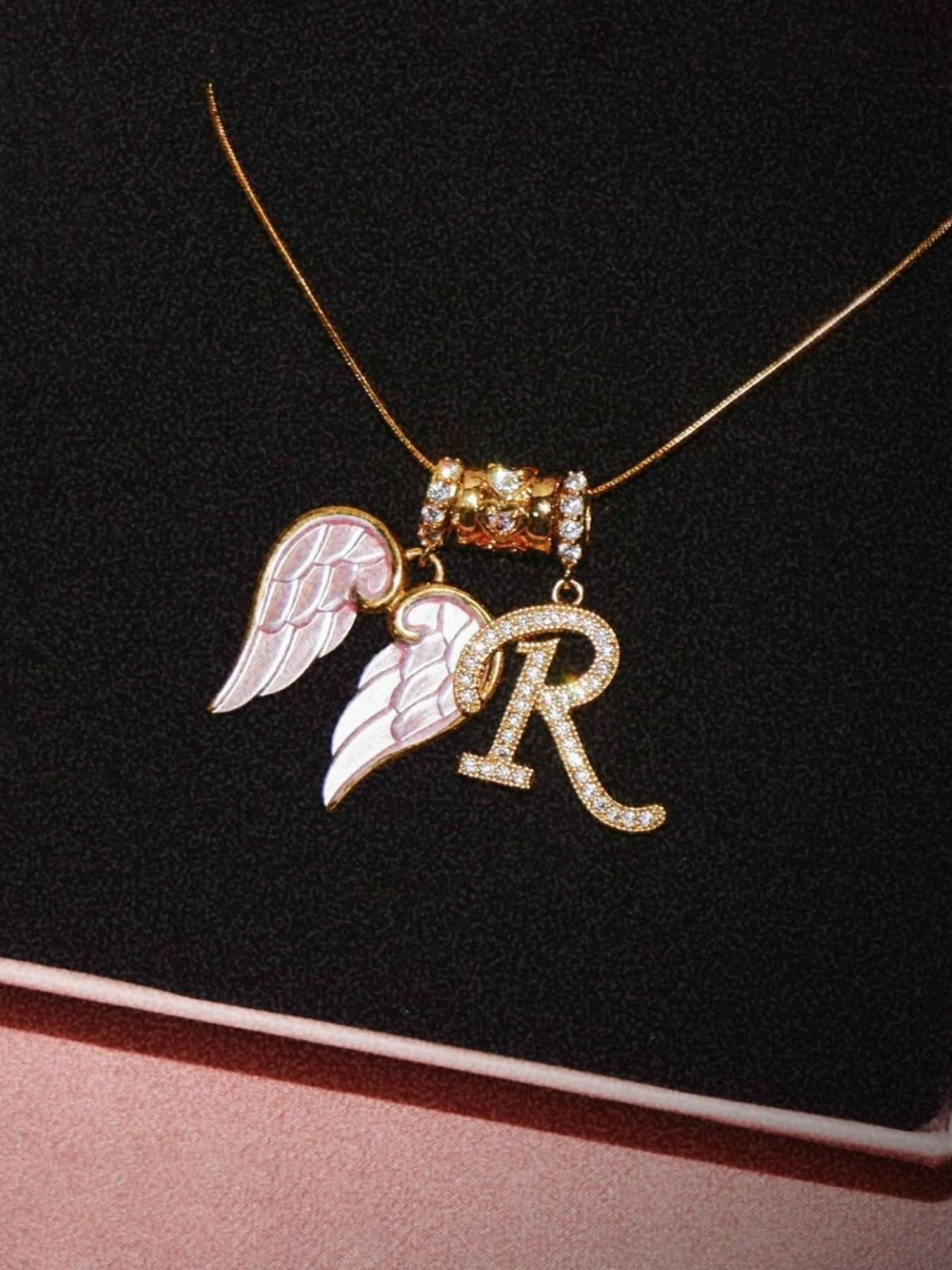Vintage Sweet Style Wing Charm & 26 Letter Design Pendant Necklace, Women's Zircon Inlay Jewelry, Alphabet Letter Necklace