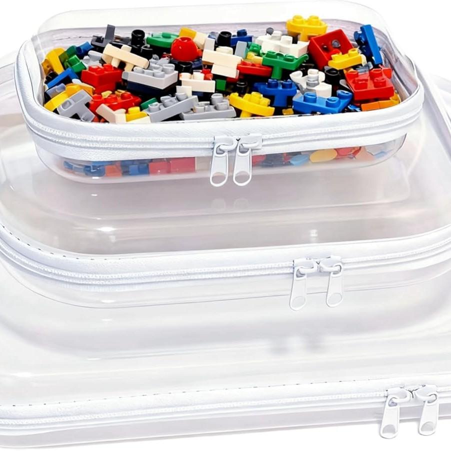 Transparent Plastic Zipper Box, Dual Zipper Hard Bag, Portable Travel Organizer, Cosmetics, Toys, Snacks, 1L+1m+1s, Pet Material
