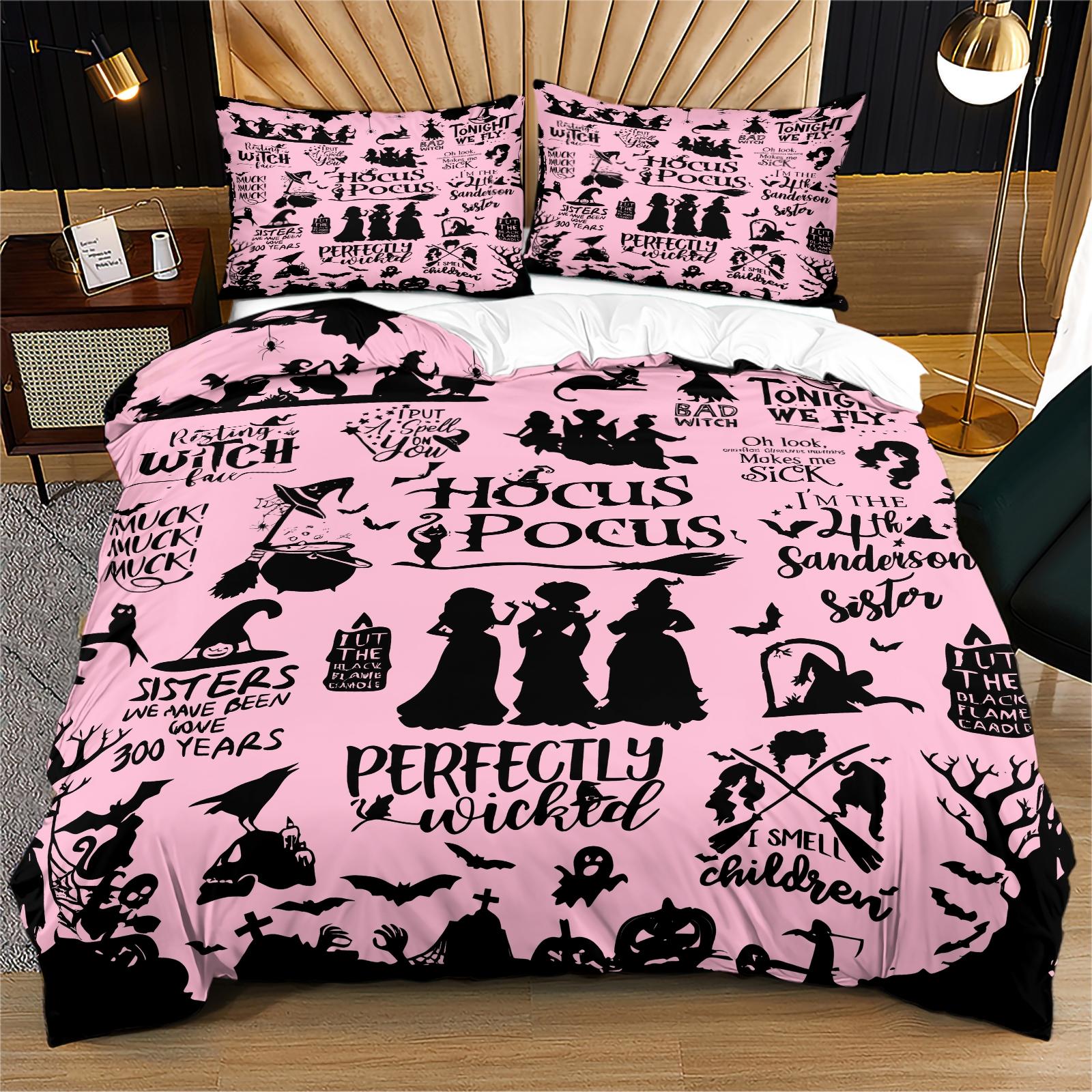 Soft Durable Hocus Pocus Bedding Set, Includes 1 Fitted Sheet and 1 or 2 Pillowcases, No Cotton Inner Core, Ideal for Daily Use, Holidays, Birthdays