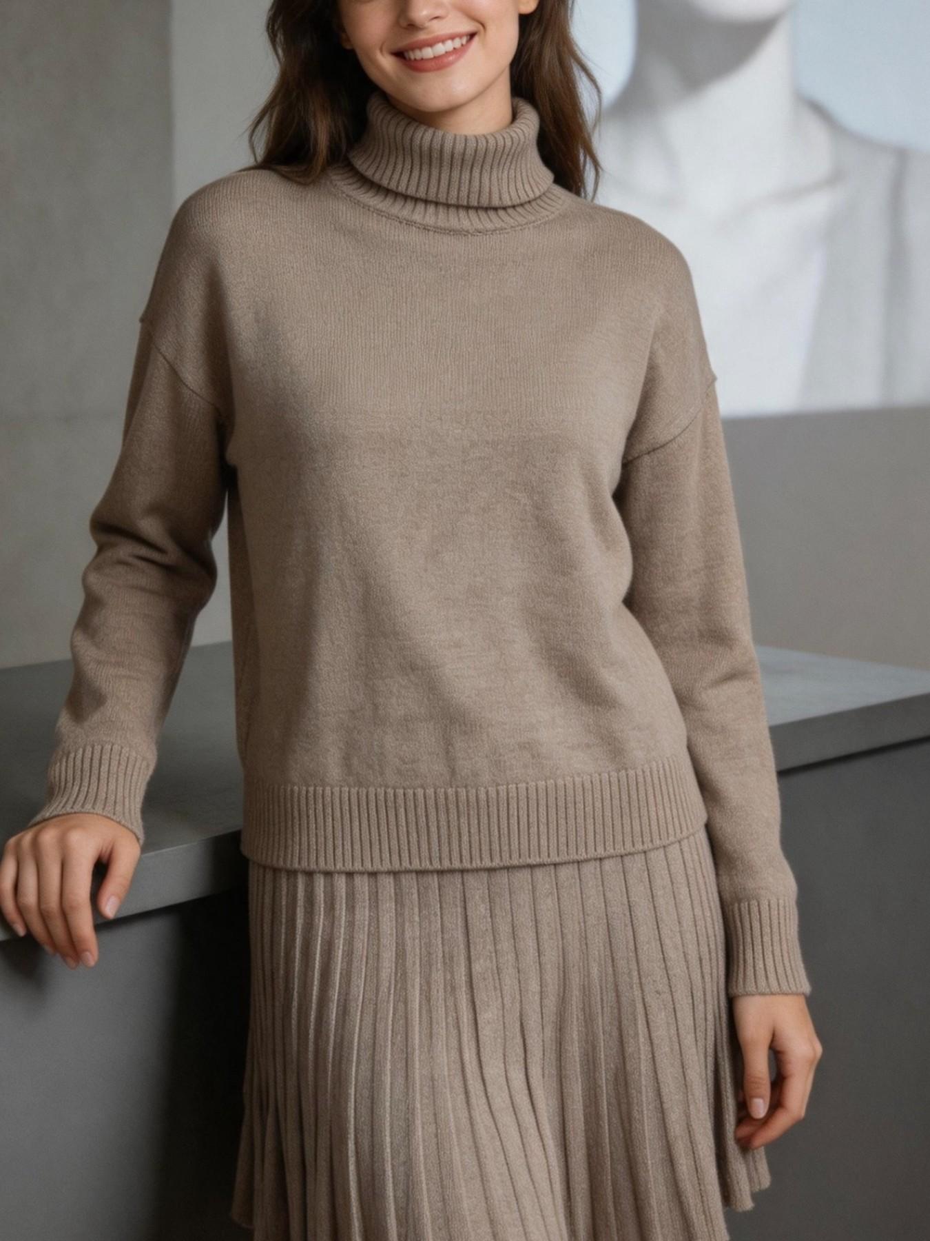 Oatmeal Color High Neck Knit Set for Women, Soft Cashmere Feel Sweater and Pleated High Waist Short Skirt Two-Piece, Cozy and Stylish