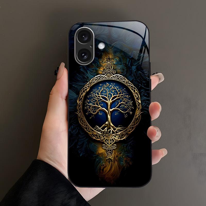 Suitable for [iPhone 16 Plus] high-end phone case🤩， high-end patterns，blue and gold tree of life pattern new black phone，drop-resistant and fingerprint-proof YM99