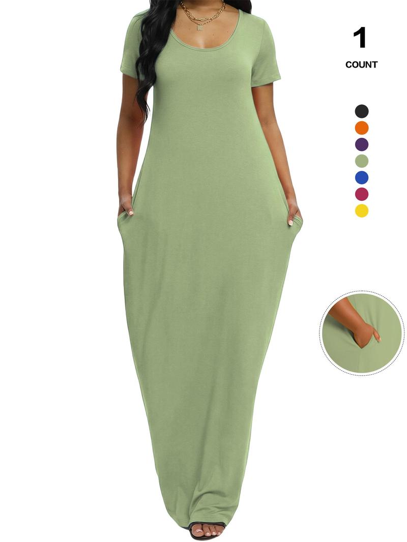 Plus Size Women's Solid Color Dress, Sexy Round Neck Short-Sleeved Long Dress, European and American Summer New Arrival, Casual Style